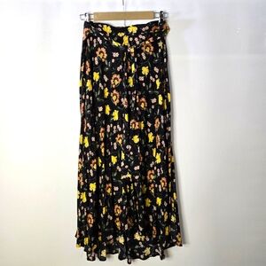 PHILOSOPHY Size 8 Black Floral Maxi Skirt, Tie Belt & Side Slits